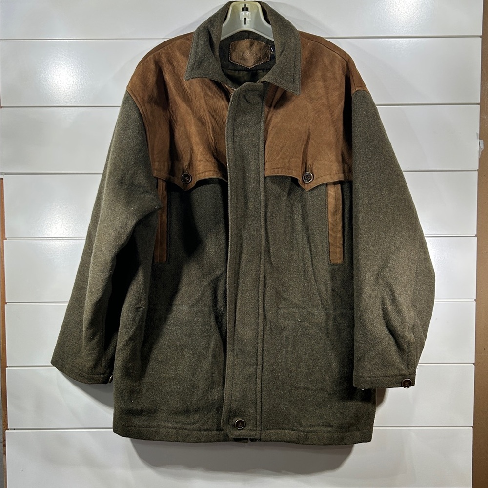 VTG WOOLRICH Size L Wool/Leather Mens Olive Field Jacket Coat Made in USA